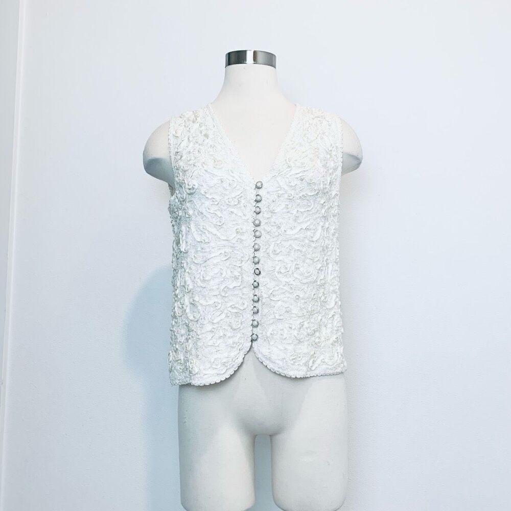 Vintage Sorelle Rasta Ivory Vest Small Pearl Abstract Woven S